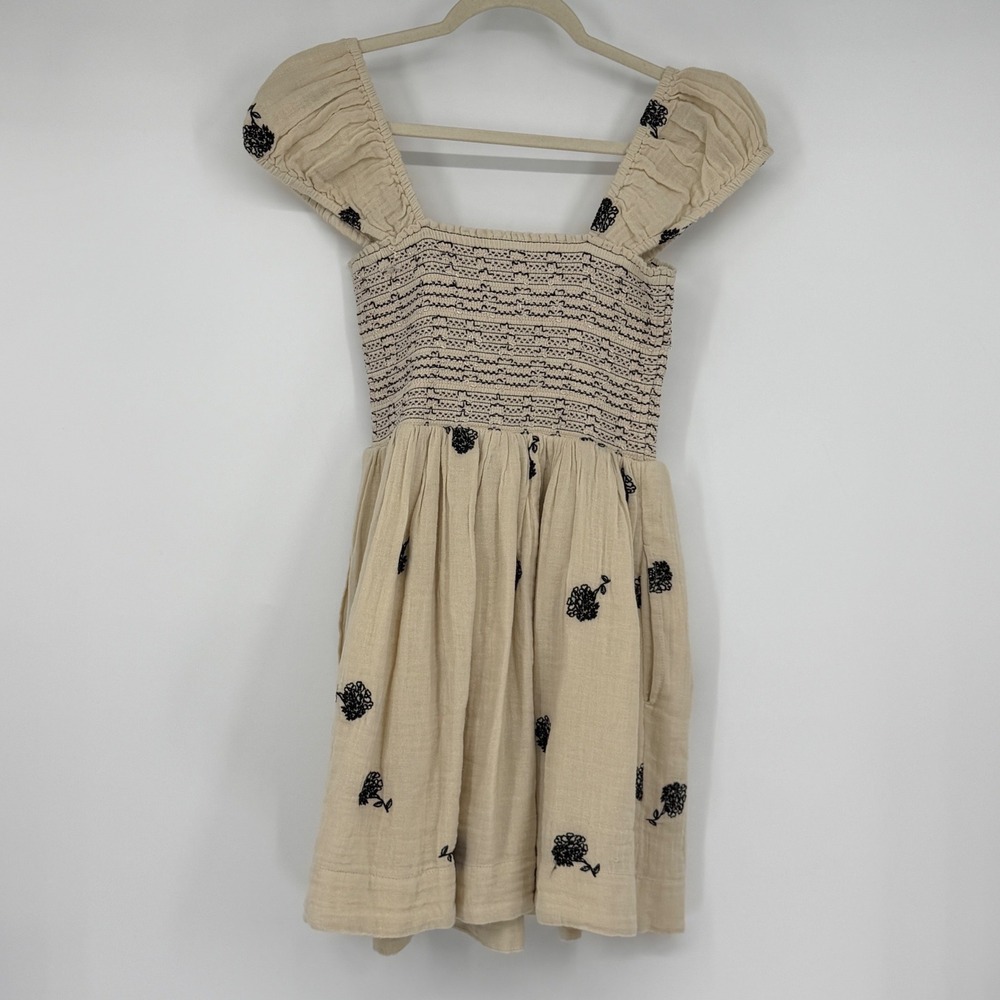 Free People Tory Embroidered Mini Dress XS Tea Combo Smocked Puff Sleeve